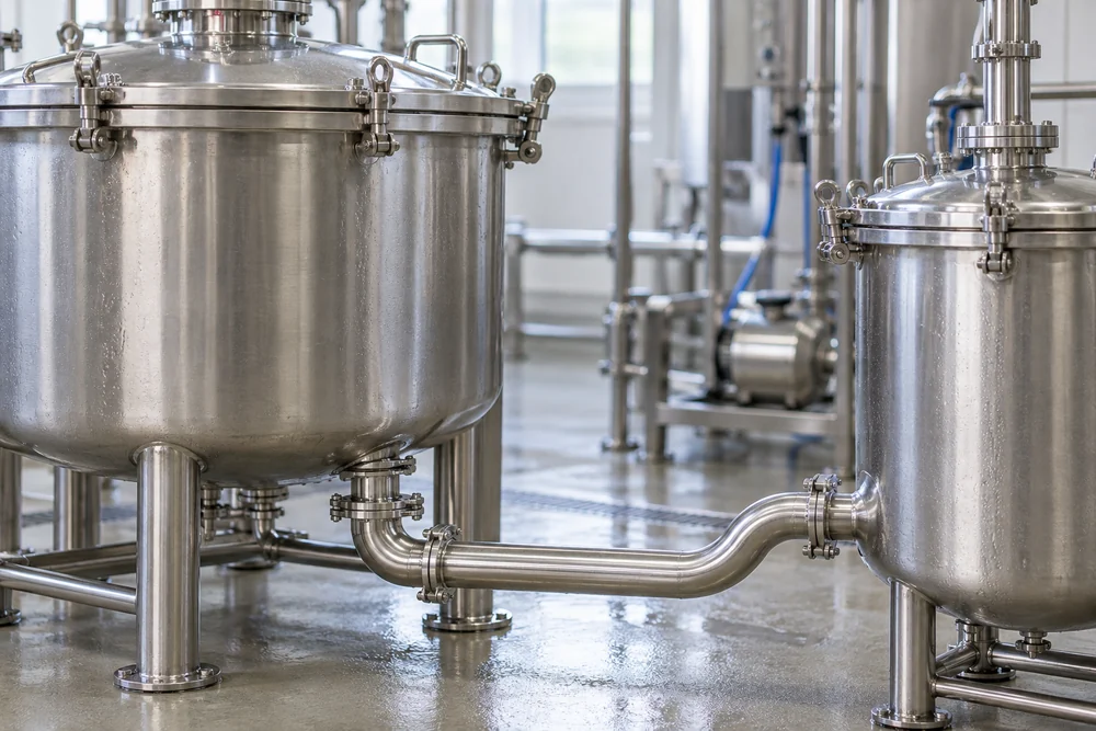 Closed stainless vessels joined by a sanitary transfer pipe Closed stainless vessels joined by a sanitary transfer pipe