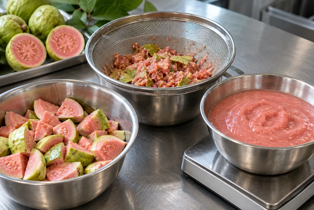 Separate bowls of guava pieces, retained coarse material and screened pulp Separate bowls of guava pieces, retained coarse material and screened pulp