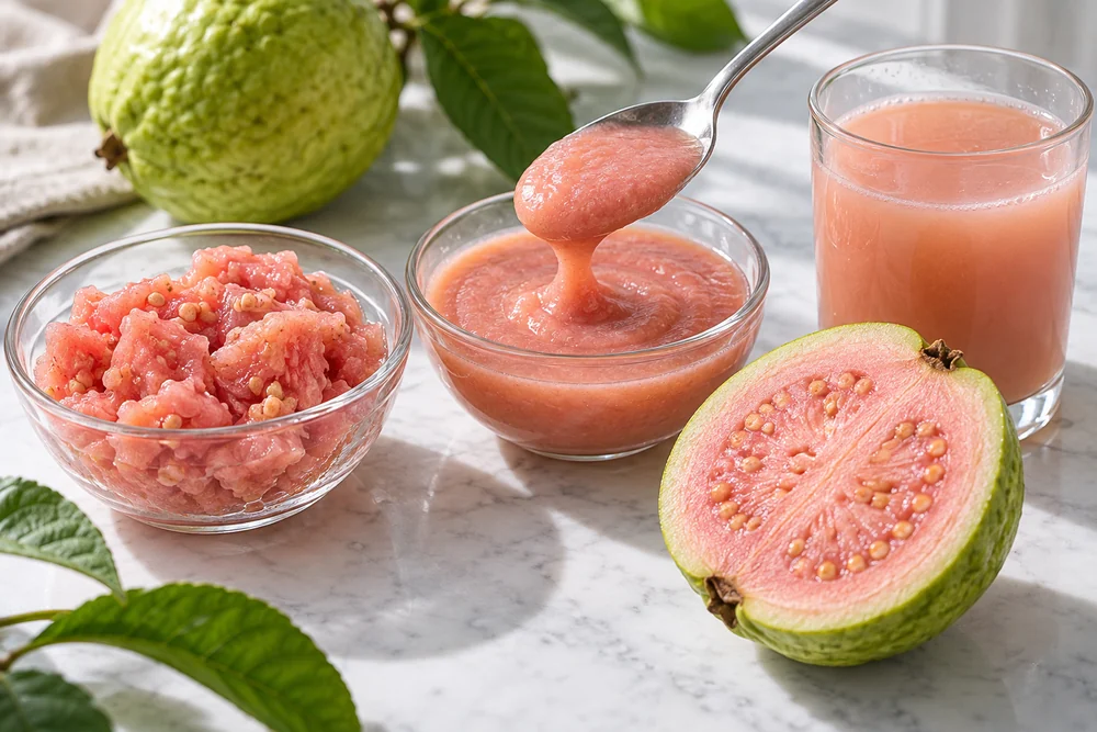Guava pieces, smooth puree and a pourable pink drink Guava pieces, smooth puree and a pourable pink drink