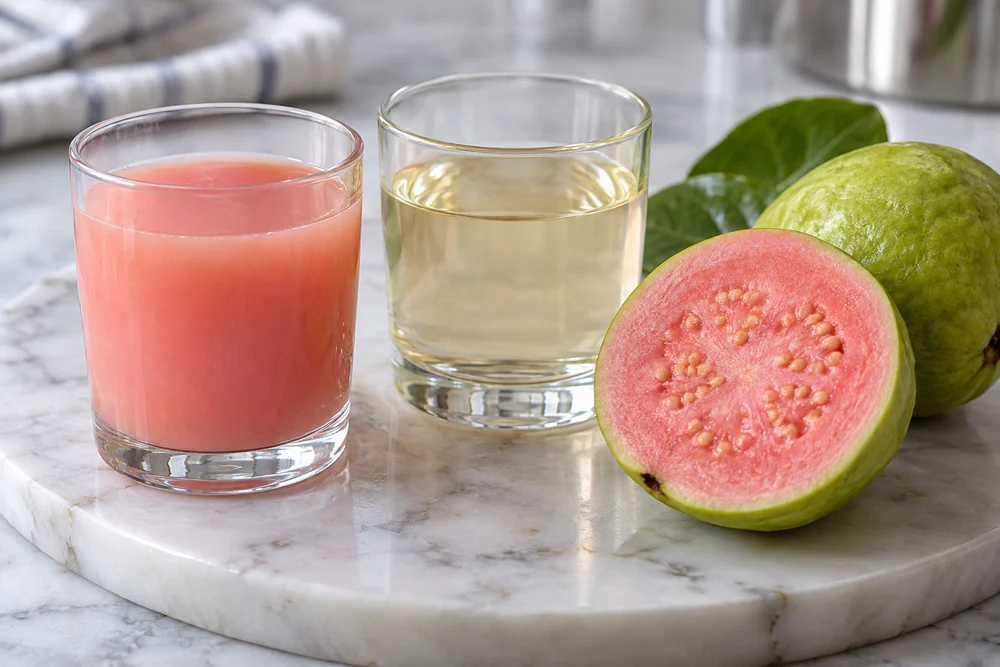 Cloudy pink liquid and pale clarified liquid beside pink guava Cloudy pink liquid and pale clarified liquid beside pink guava