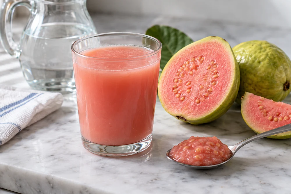 Pourable pink guava drink beside thick puree and a water jug Pourable pink guava drink beside thick puree and a water jug