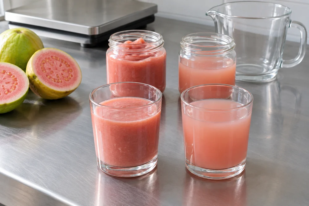 Two wet guava sample bases and matched finished drinks on a trial bench Two wet guava sample bases and matched finished drinks on a trial bench