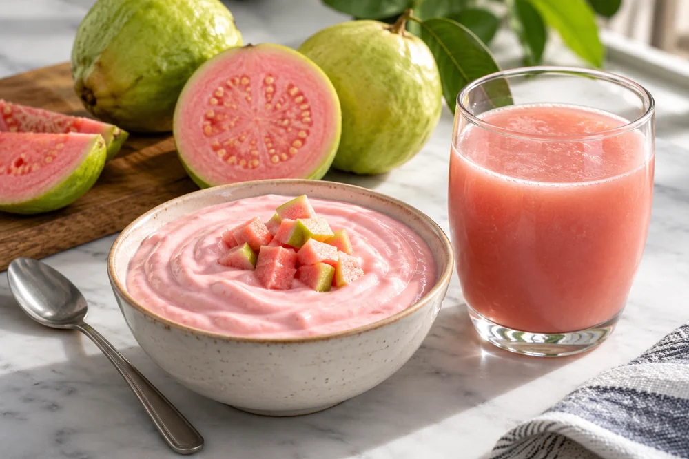 Guava yogurt preparation beside a pink guava beverage Guava yogurt preparation beside a pink guava beverage