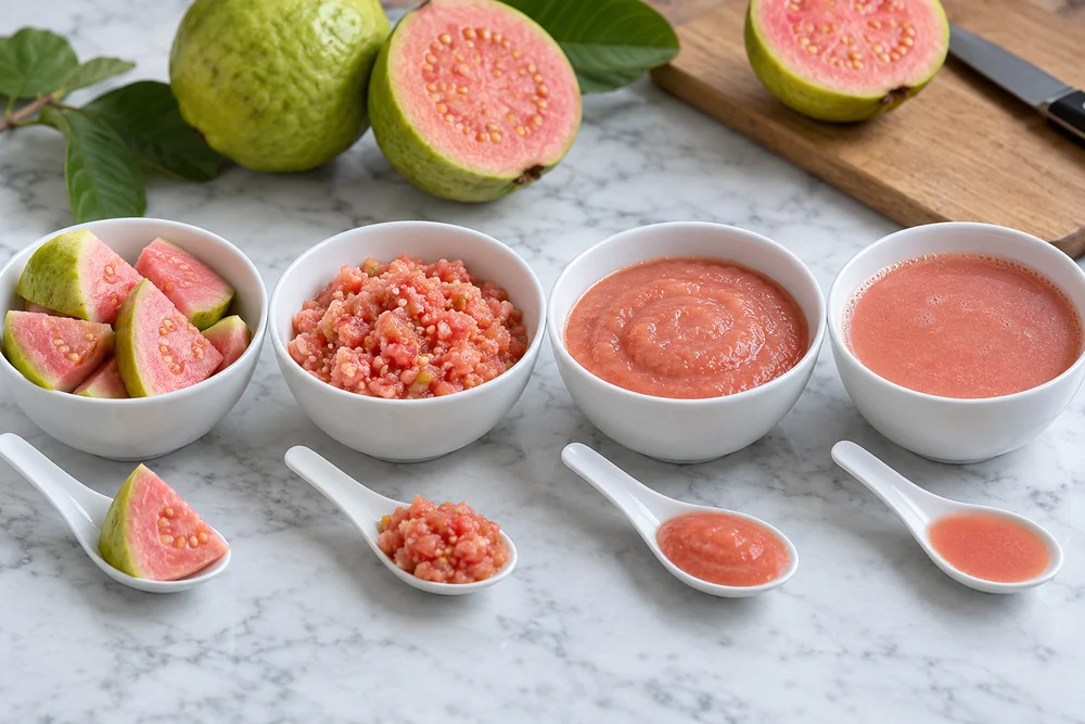 Four white bowls comparing guava pieces, coarse pulp, smooth puree and liquid Four white bowls comparing guava pieces, coarse pulp, smooth puree and liquid