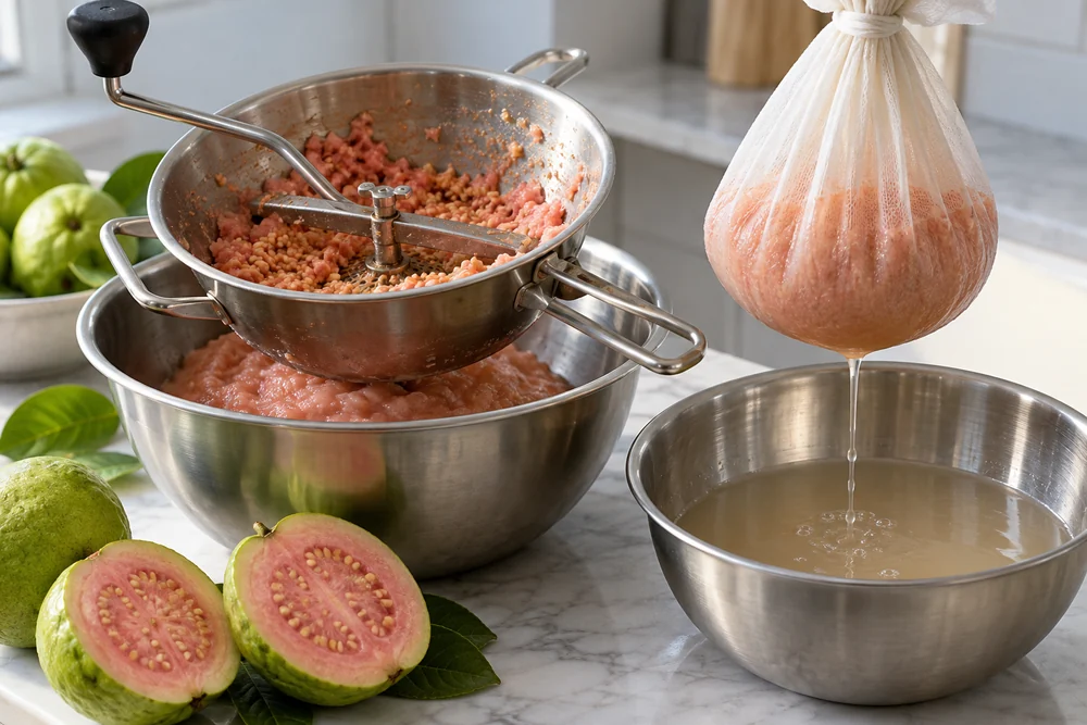 Food mill above guava pulp beside a jelly bag collecting fruit liquid