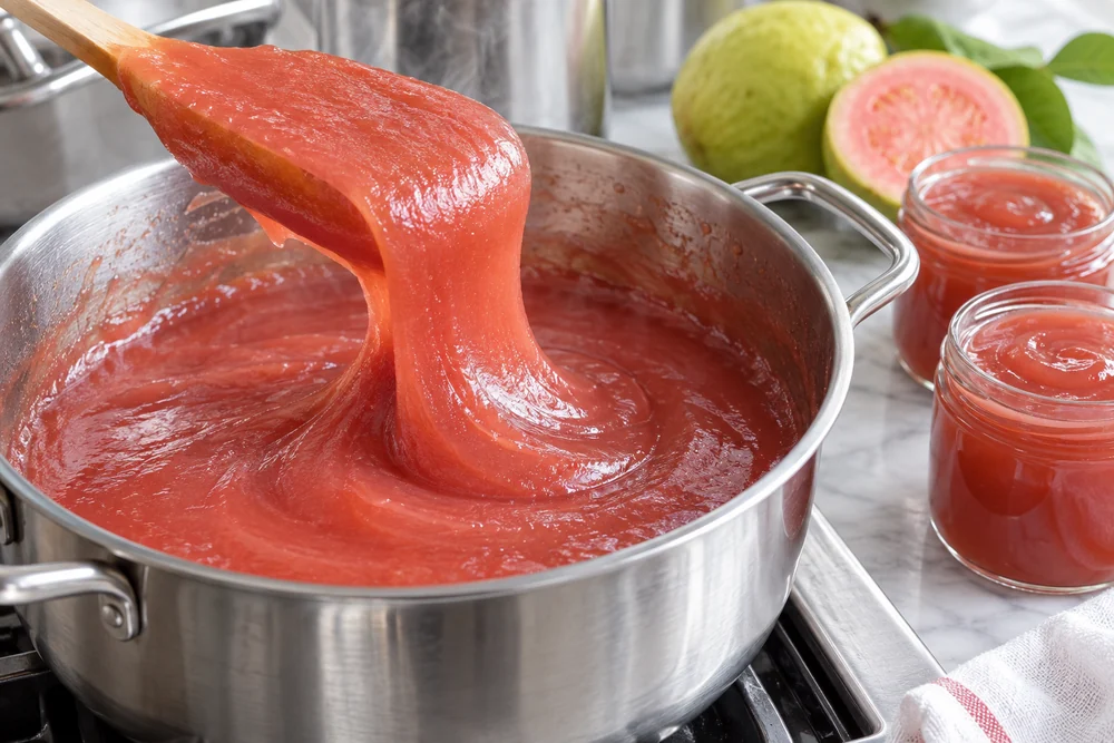 Smooth seedless pink guava jam lifting from a kettle on a paddle