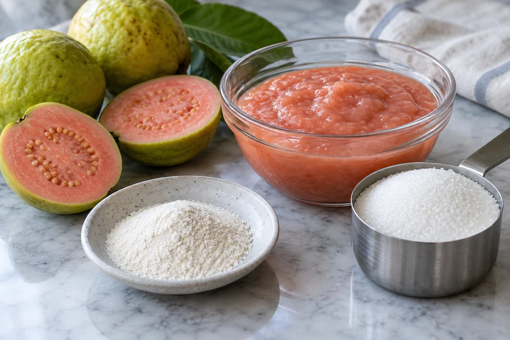 Guava pulp, pectin powder and sugar prepared as separate ingredients