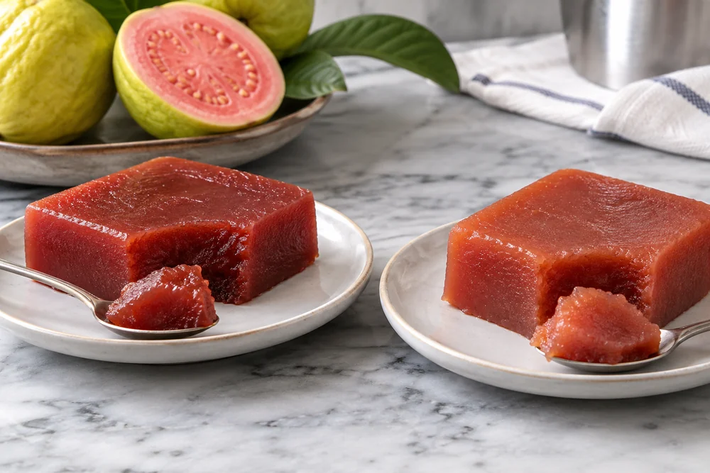 Two guava paste samples with exposed cut edges and spoon portions Two guava paste samples with exposed cut edges and spoon portions