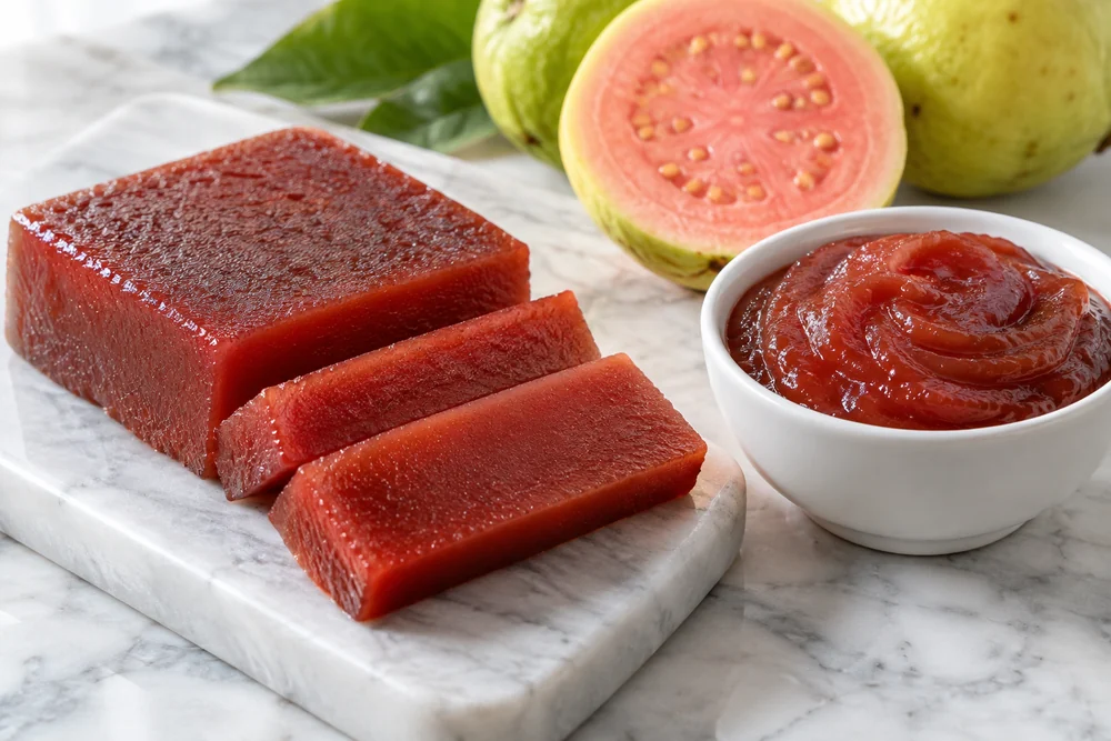 Sliceable guava paste beside a softer fruit filling in a white dish Sliceable guava paste beside a softer fruit filling in a white dish