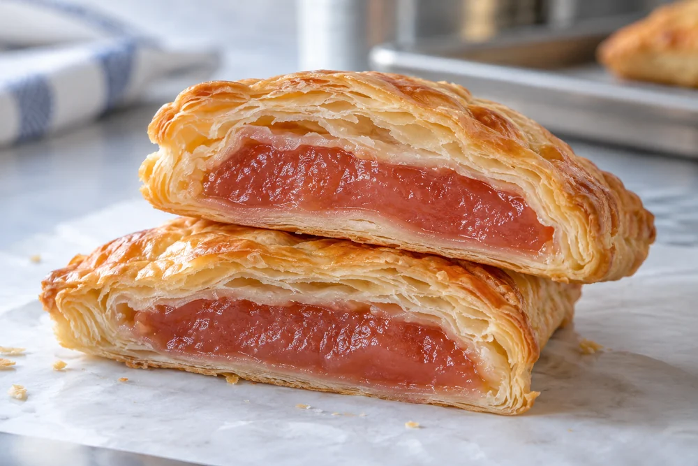 Close cross-section of puff pastry showing the fruit seam and flaky layers Close cross-section of puff pastry showing the fruit seam and flaky layers