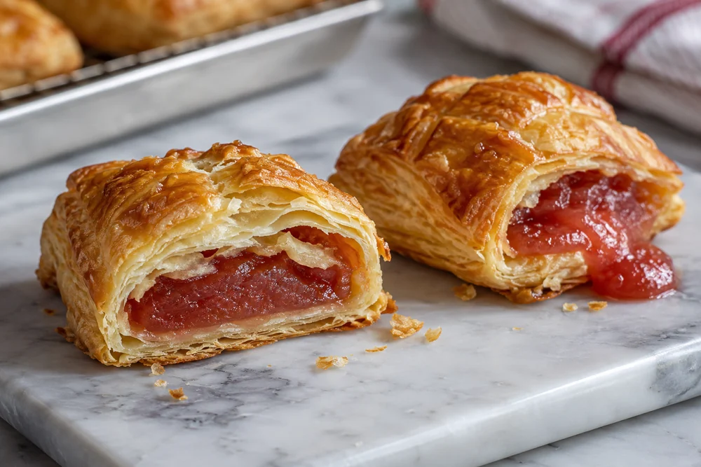 Two baked guava pastries showing a contained center and visible filling escape Two baked guava pastries showing a contained center and visible filling escape
