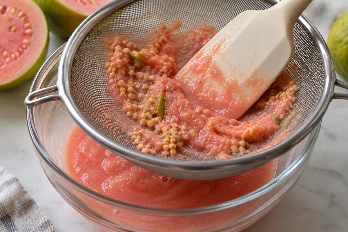 Guava pulp seeds on fine screen