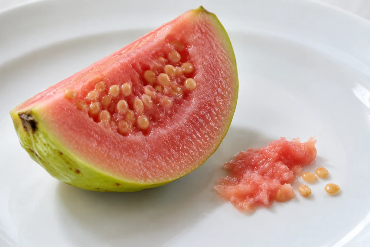Whole seeds are visible; identifying stone cells needs more than a photograph. Cut guava wedge, separate whole seeds and finely grained pink flesh