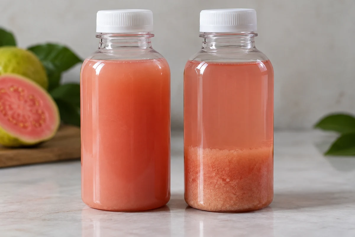 Uniform cloud and settled pulp are different states to describe in the specification. Guava beverage cloud and sediment