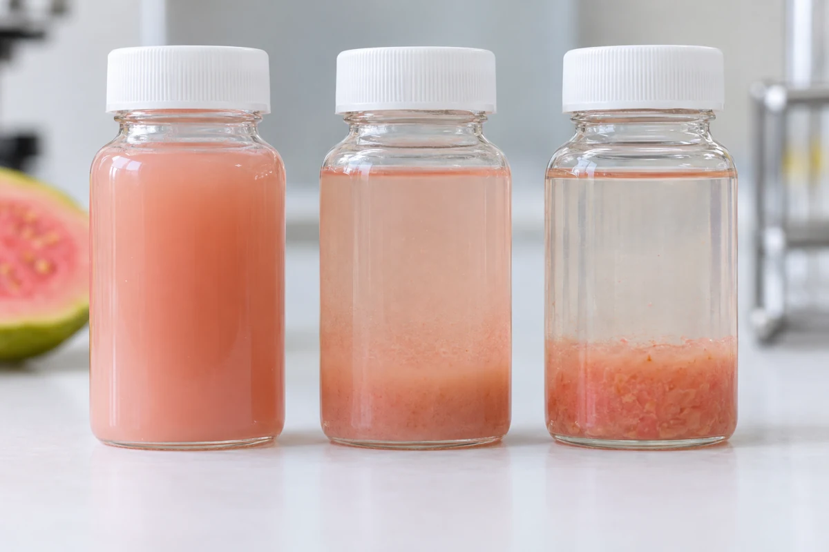 Record the upper liquid, suspended pulp and settled fraction separately. Guava juice settling layer detail