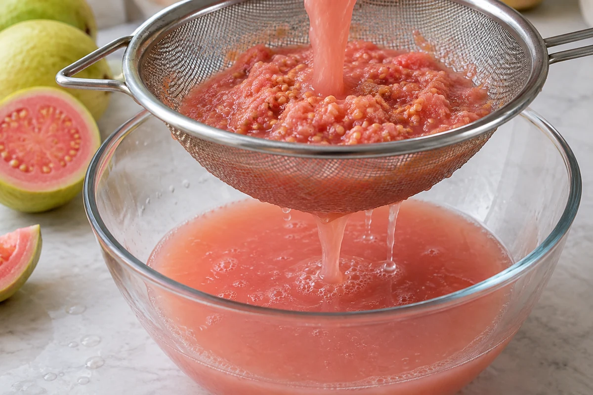 Coarse screening can remove seeds while the passing juice remains cloudy. Guava juice screen and collected filtrate