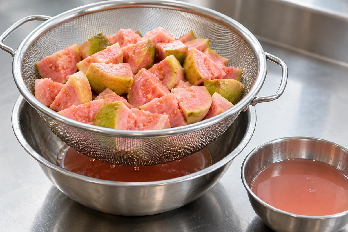 Guava pieces draining over collected pink thaw liquid
