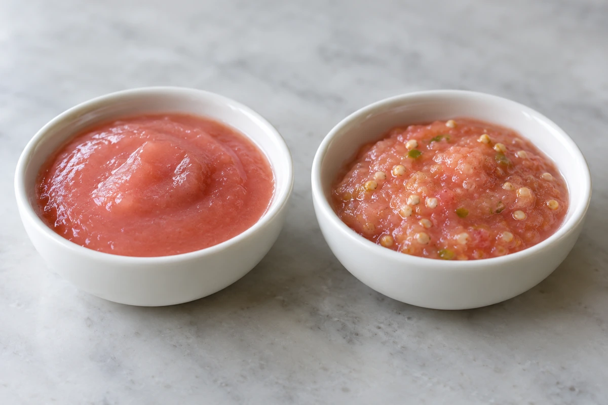 Smooth pink guava pulp beside pulp with visible coarse material