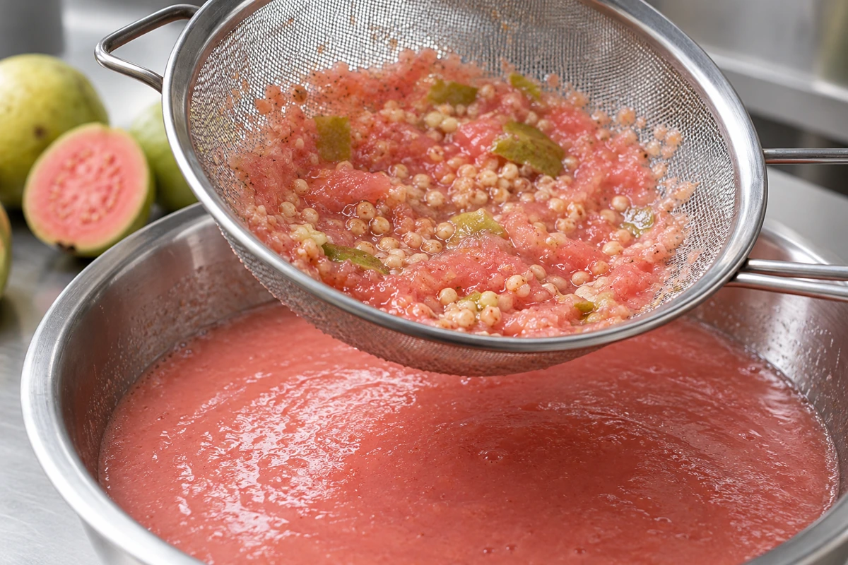Tan guava seeds, peel and pulp retained on a sieve above pink puree