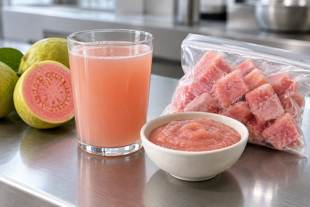 Cloudy guava drink, thick pink fruit preparation and frozen pieces