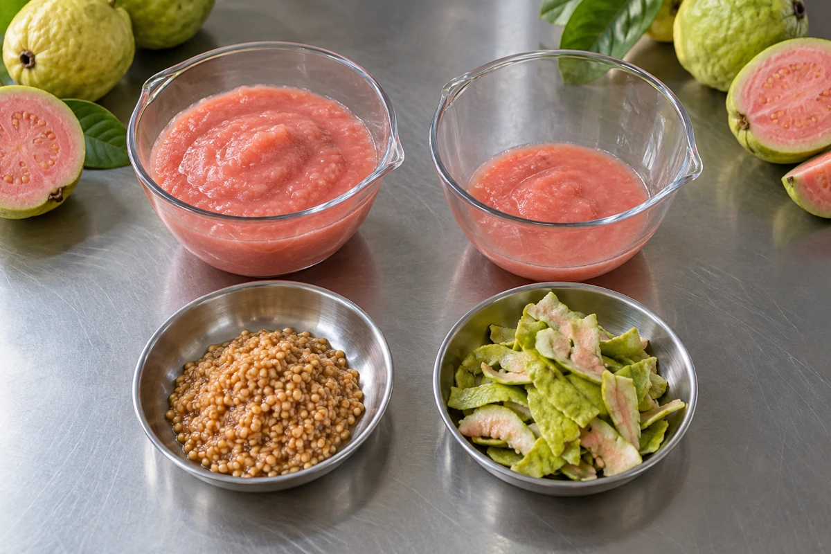 Two different amounts of recovered pink pulp beside retained seeds and peel