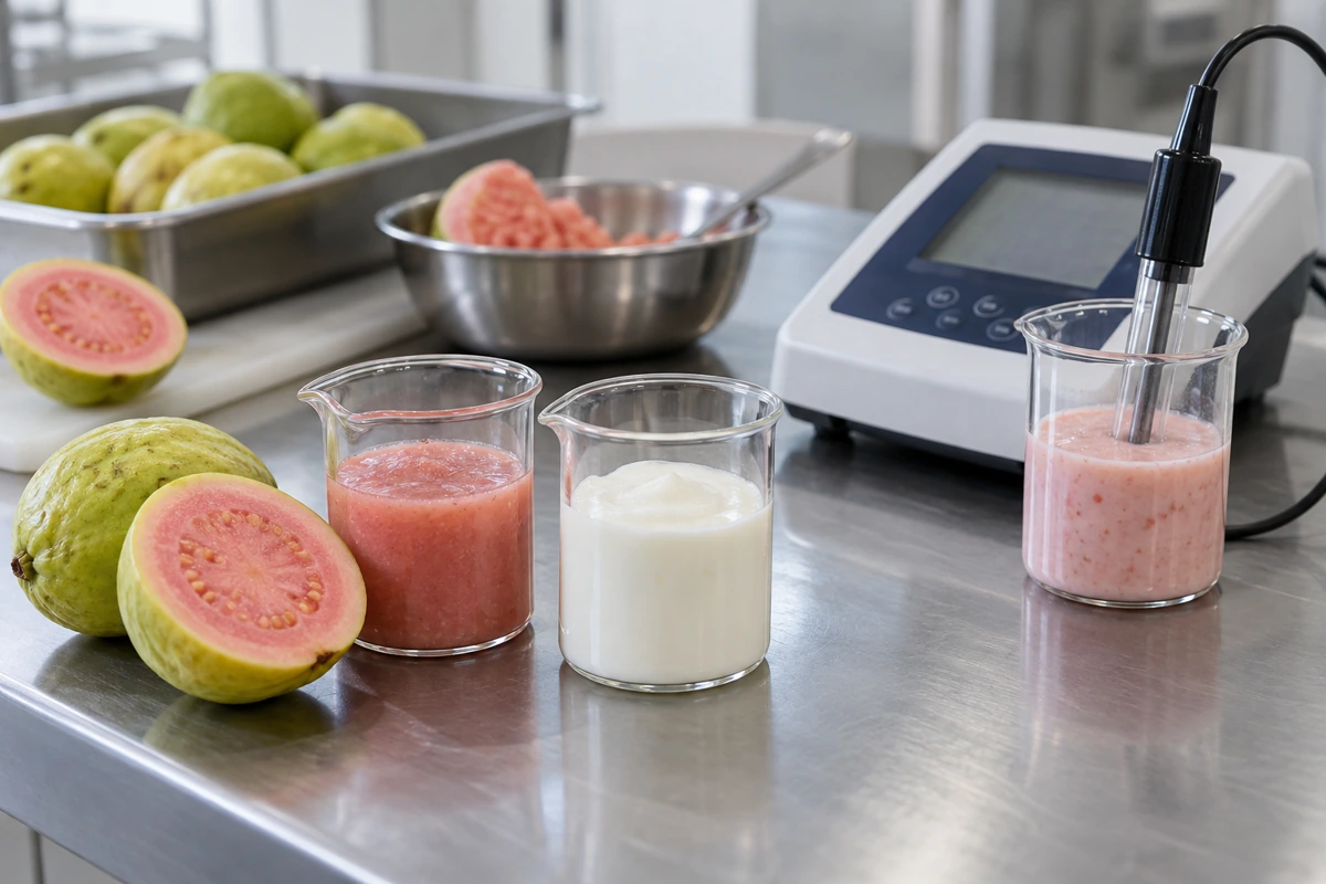 Guava pulp, yogurt and a mixed sample with an immersed pH electrode Guava pulp, yogurt and a mixed sample with an immersed pH electrode