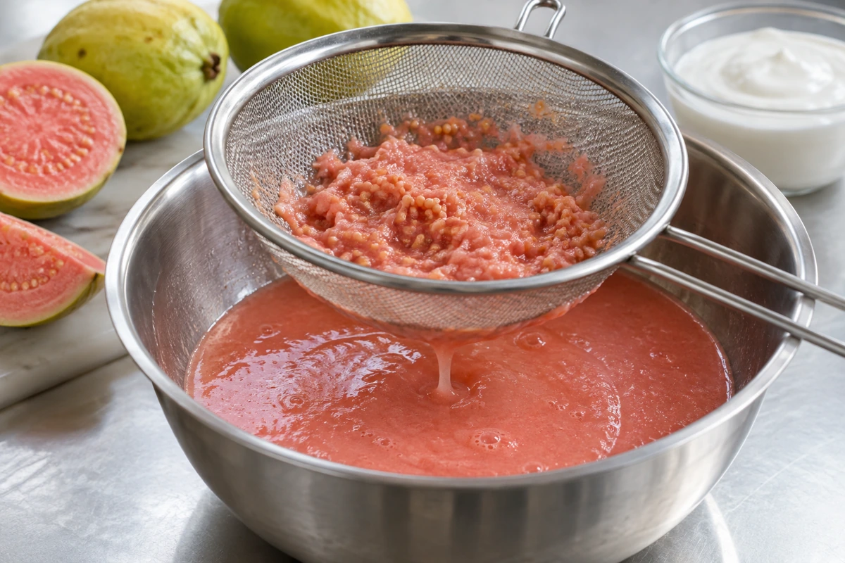 Guava seeds retained on a fine sieve above pink puree Guava seeds retained on a fine sieve above pink puree