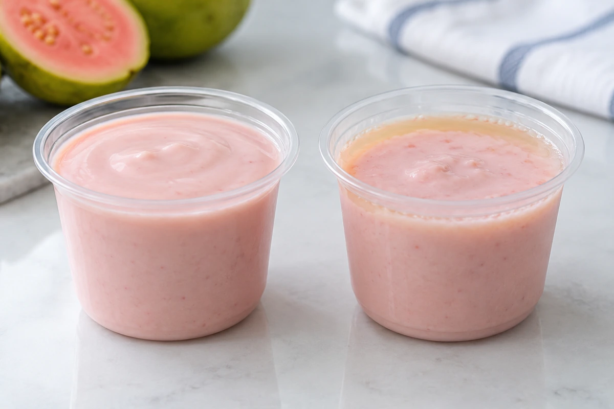 Two pink yogurts with different visible whey separation Two pink yogurts with different visible whey separation