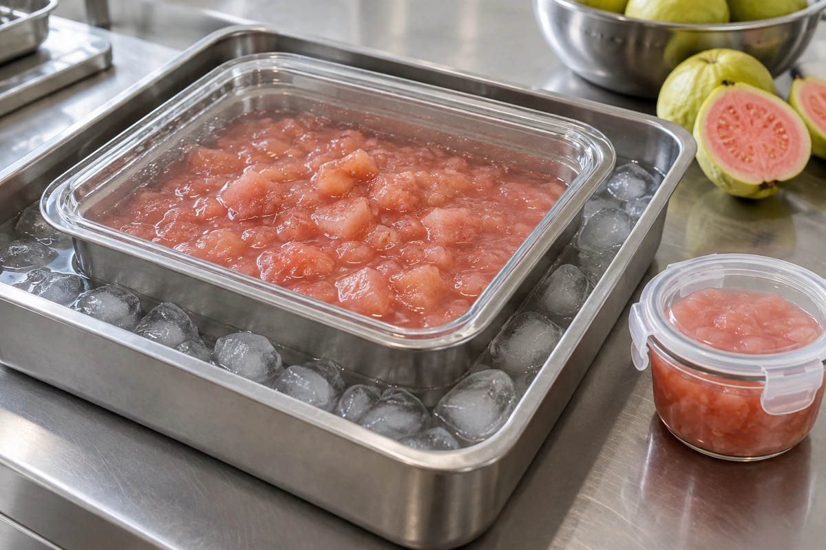 Covered pink guava preparation in a stainless ice-water bath Covered pink guava preparation in a stainless ice-water bath