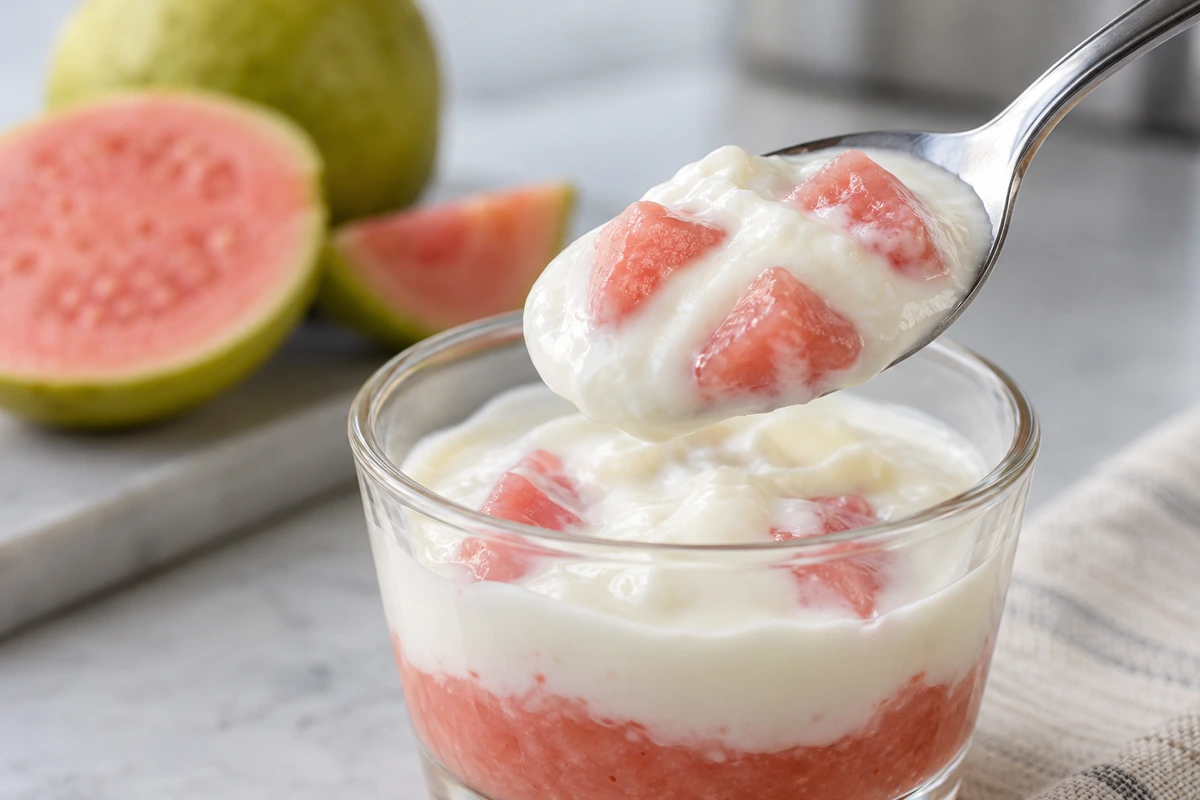A spoonful of white yogurt containing soft pink guava pieces A spoonful of white yogurt containing soft pink guava pieces