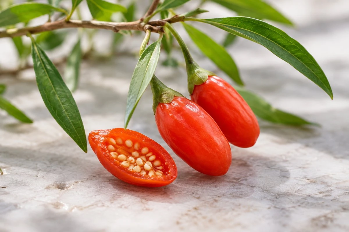Red goji twig with narrow leaves and a cut berry