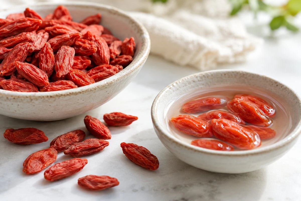 Dried and rehydrated goji berries beside water