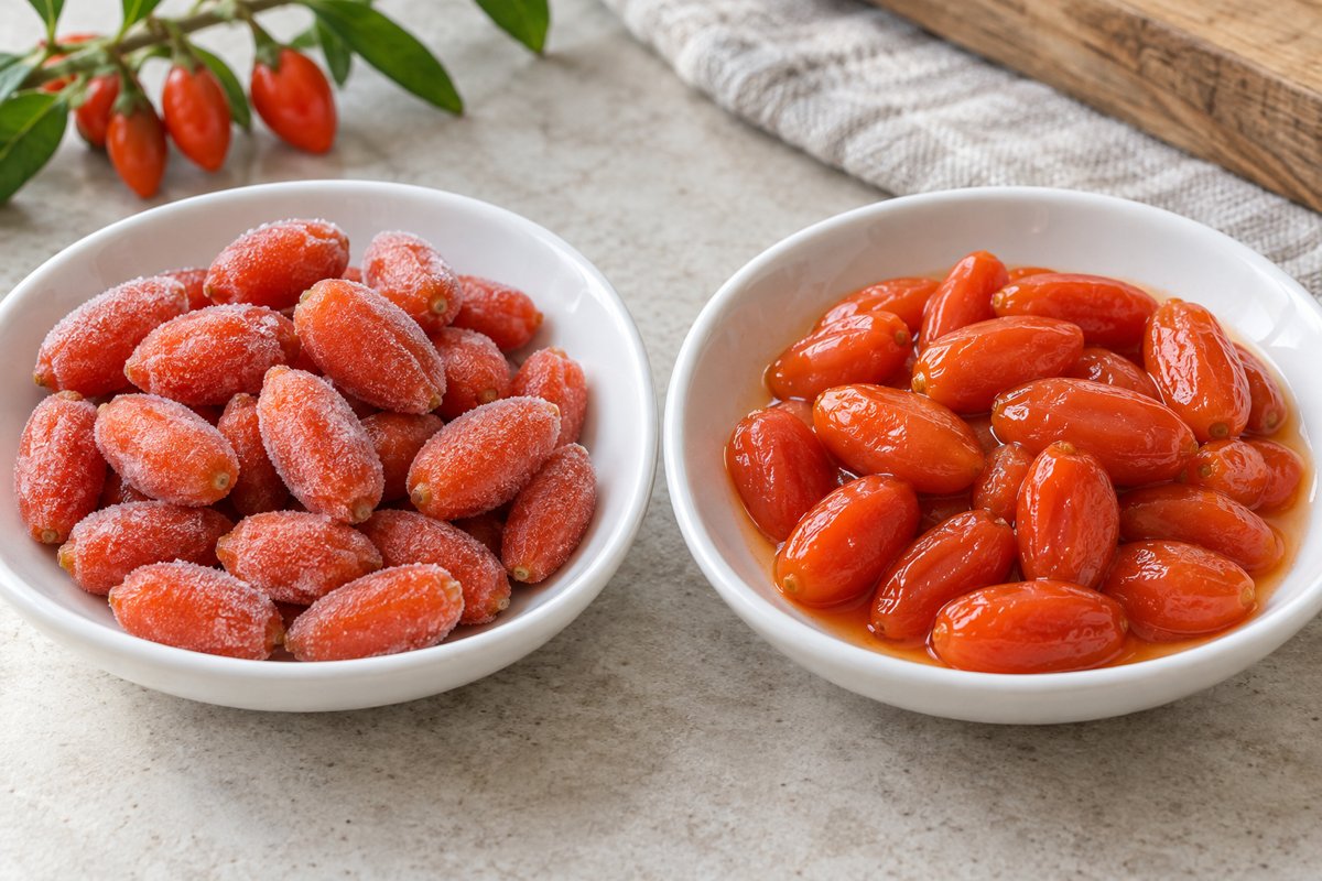 Lightly frosted whole goji beside thawed berries and juice