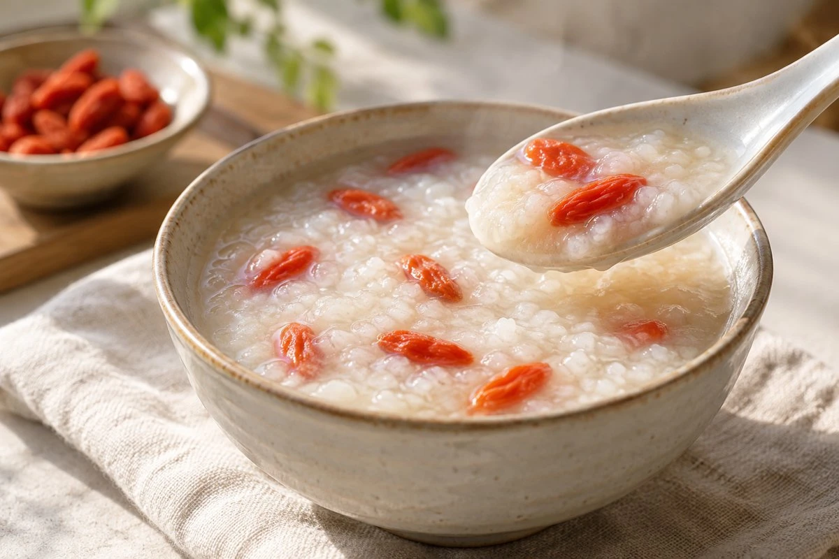 Cooked rice porridge with softened red goji berries
