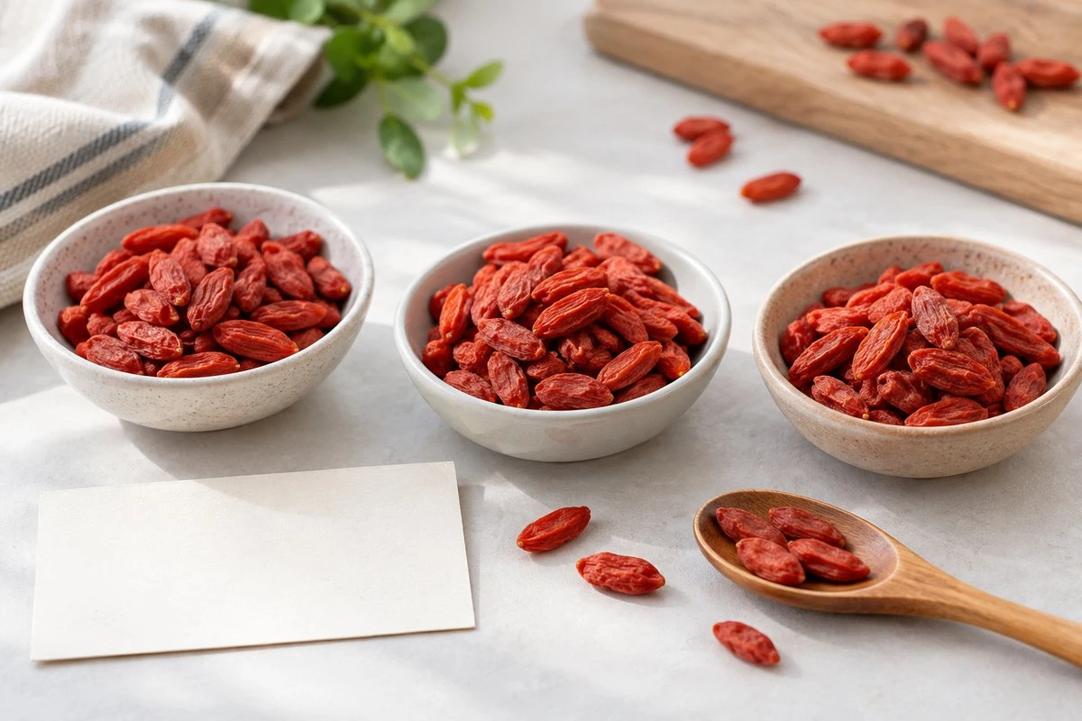 Three goji sample dishes with a spoon and blank record card