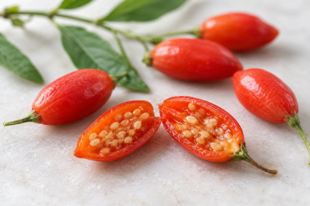 Cut fresh goji berry showing flesh and pale seeds Cut fresh goji berry showing flesh and pale seeds