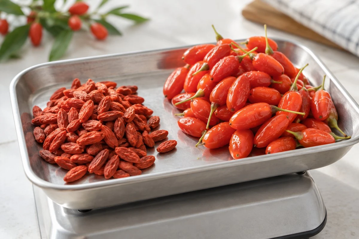 Fresh and dried goji on a weighing tray Fresh and dried goji on a weighing tray