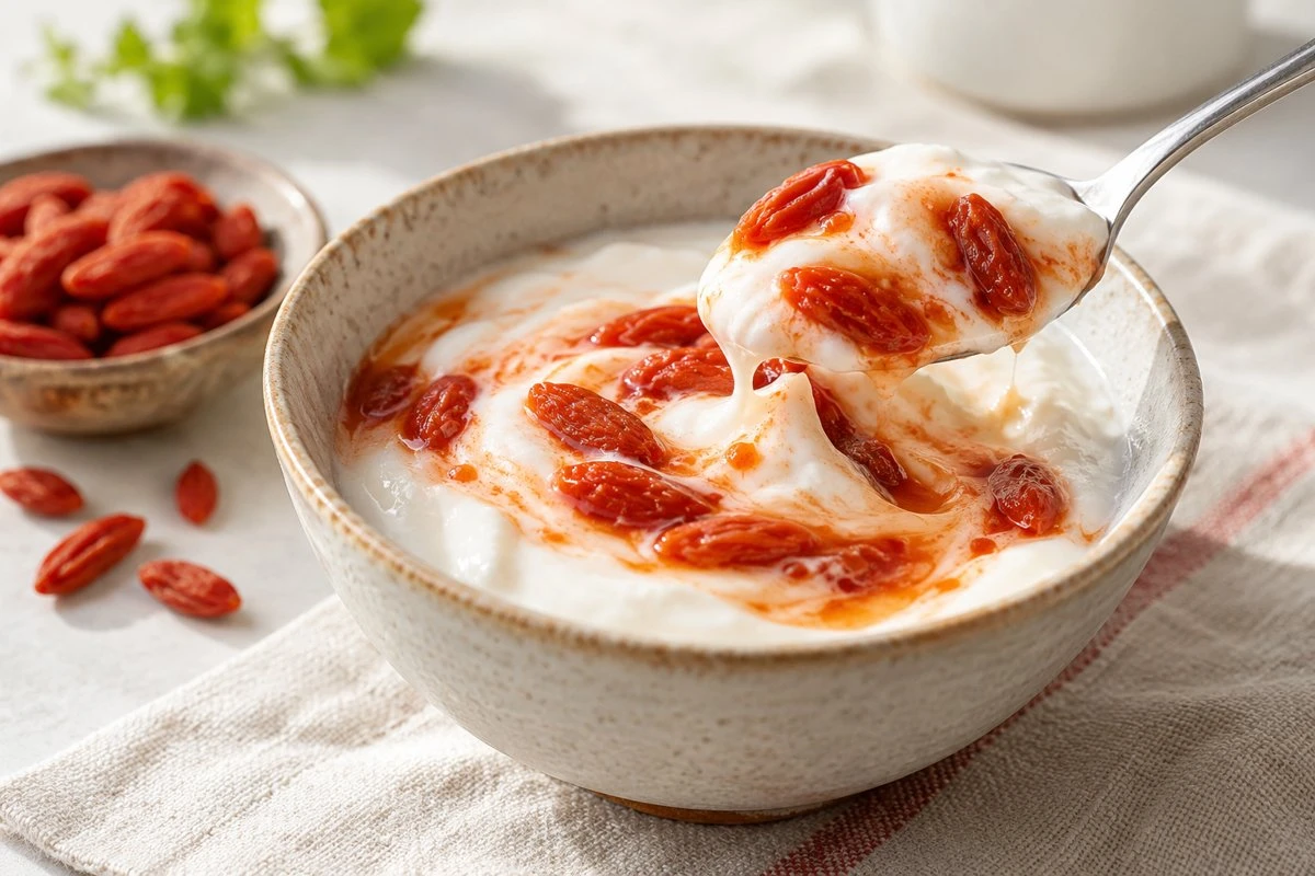 Cooked goji preparation swirled through a dairy base Cooked goji preparation swirled through a dairy base