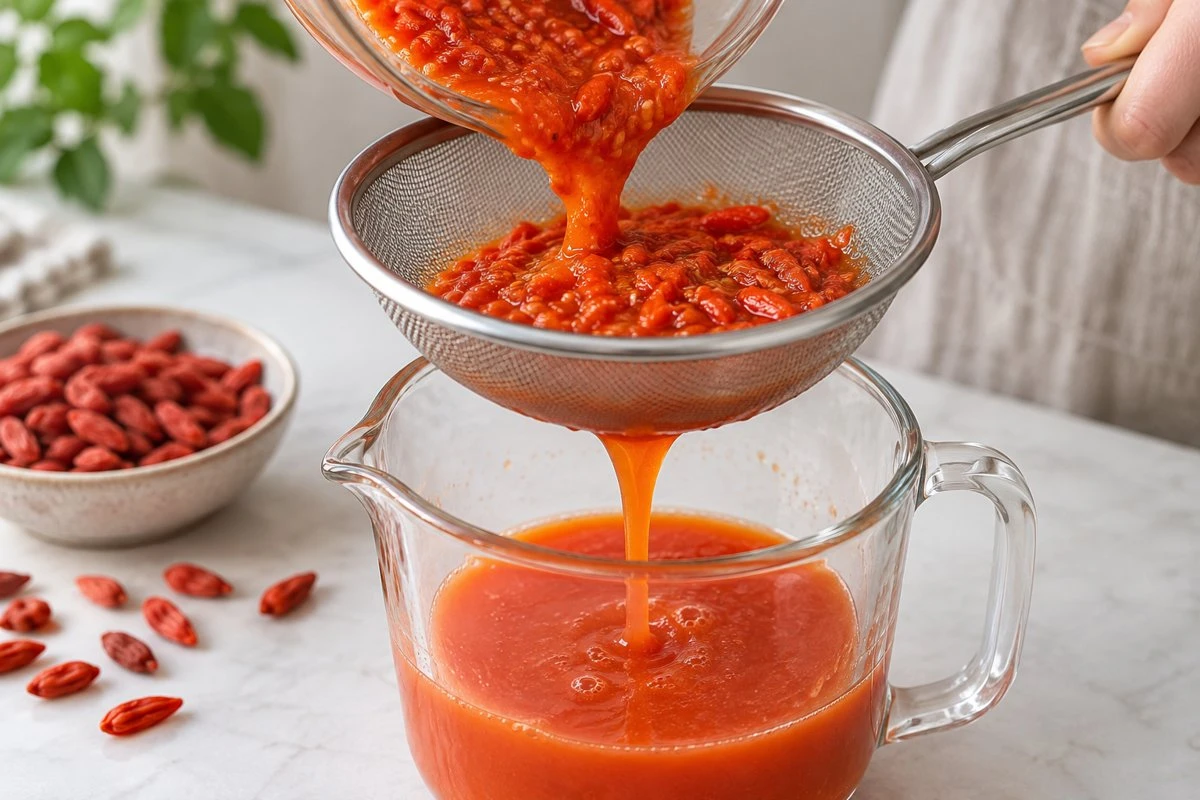 Goji pulp passing through a sieve above a jug Goji pulp passing through a sieve above a jug