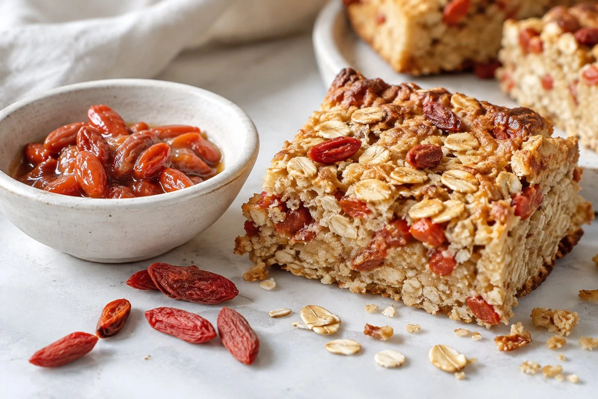 Goji oat bake beside a cooked fruit filling Goji oat bake beside a cooked fruit filling