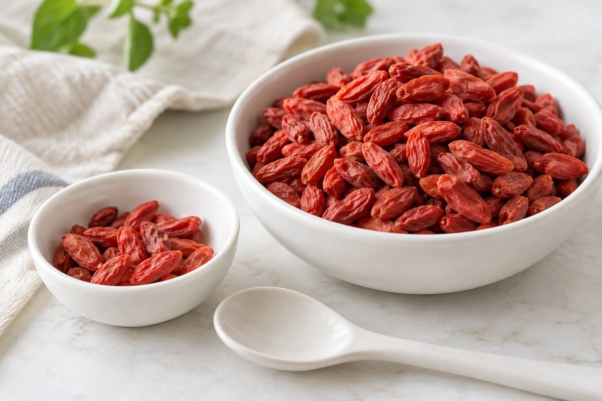 Two differently sized portions of dried goji Two differently sized portions of dried goji