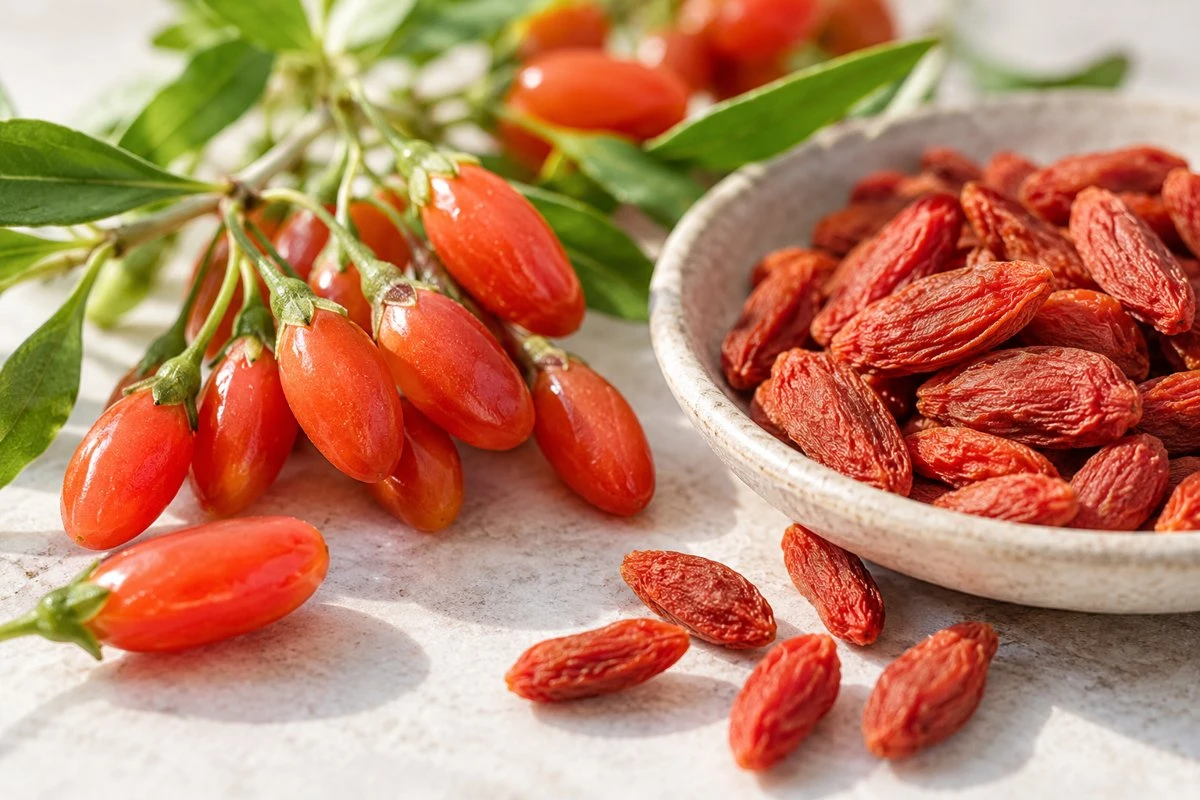 Fresh red goji on twigs beside dried berries Fresh red goji on twigs beside dried berries