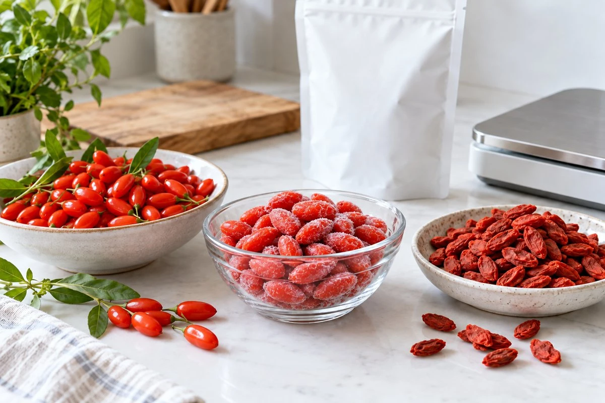 Fresh, frozen and dried goji beside an unmarked food pouch Fresh, frozen and dried goji beside an unmarked food pouch