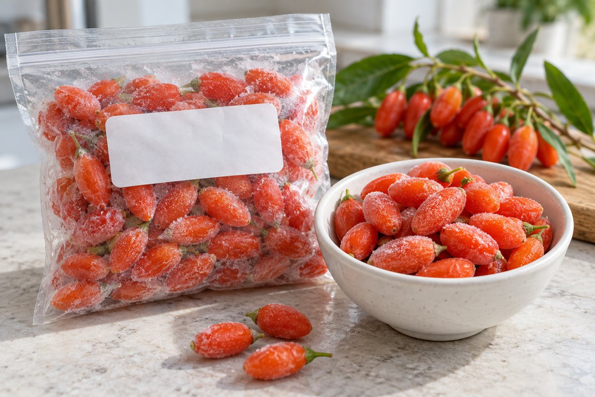 Smooth frozen whole goji in a pouch and bowl Smooth frozen whole goji in a pouch and bowl