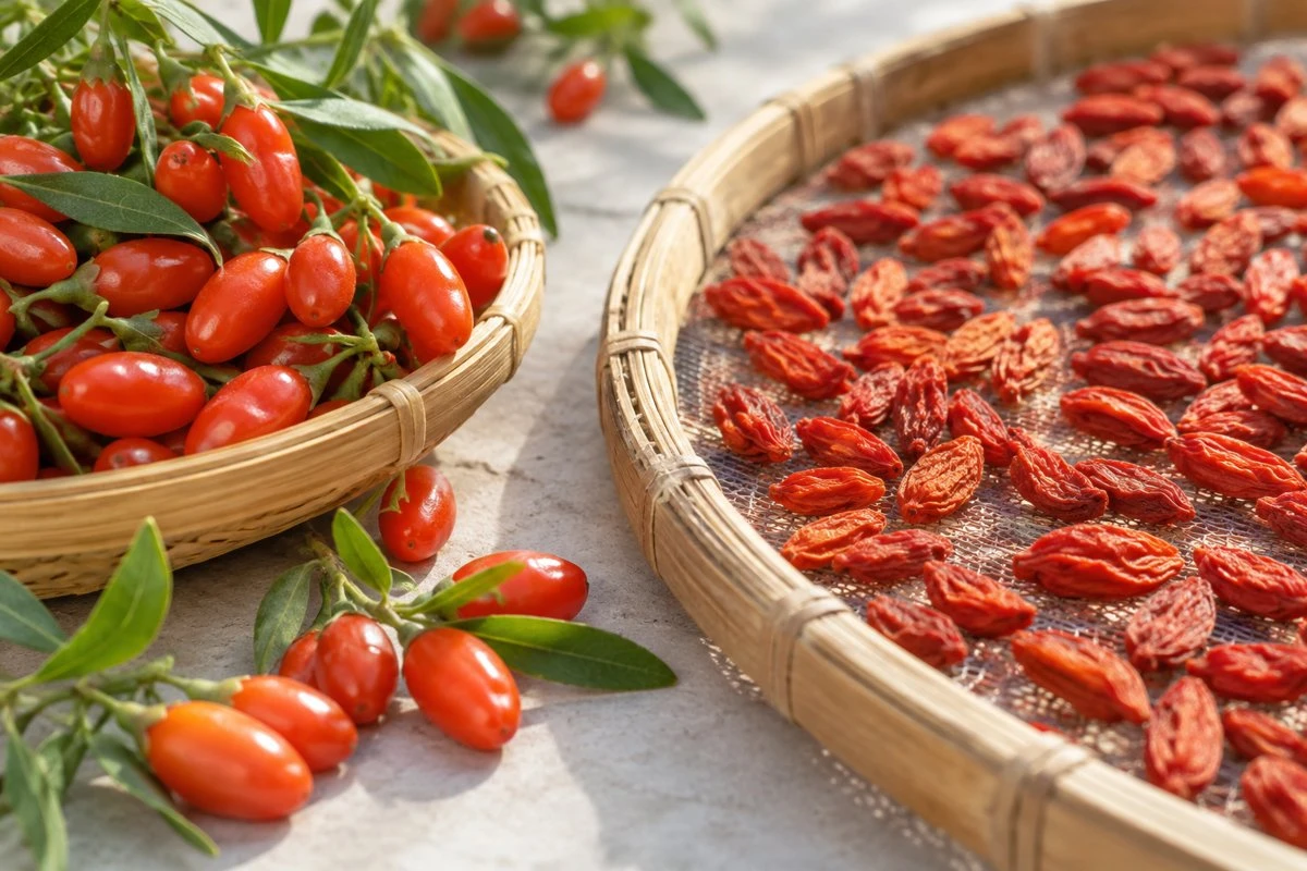 Fresh goji beside berries drying on a tray Fresh goji beside berries drying on a tray