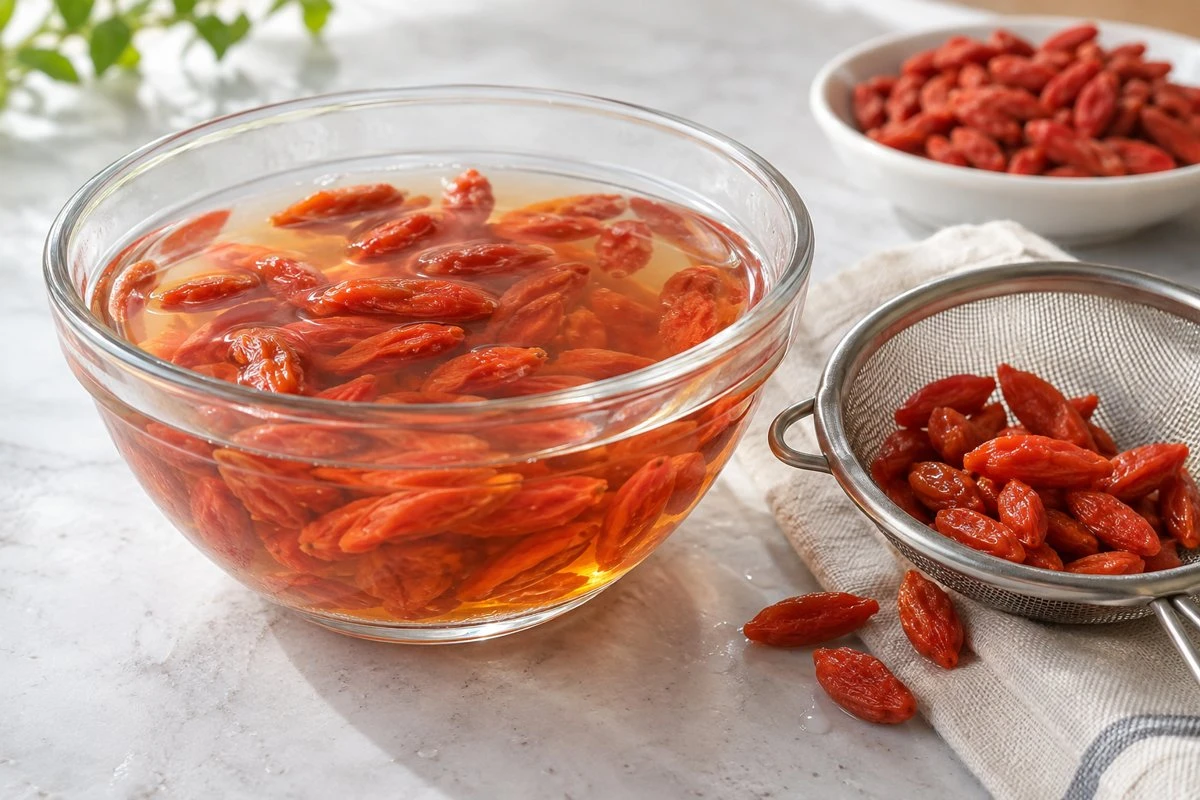 Goji soaking in water beside a drained portion Goji soaking in water beside a drained portion