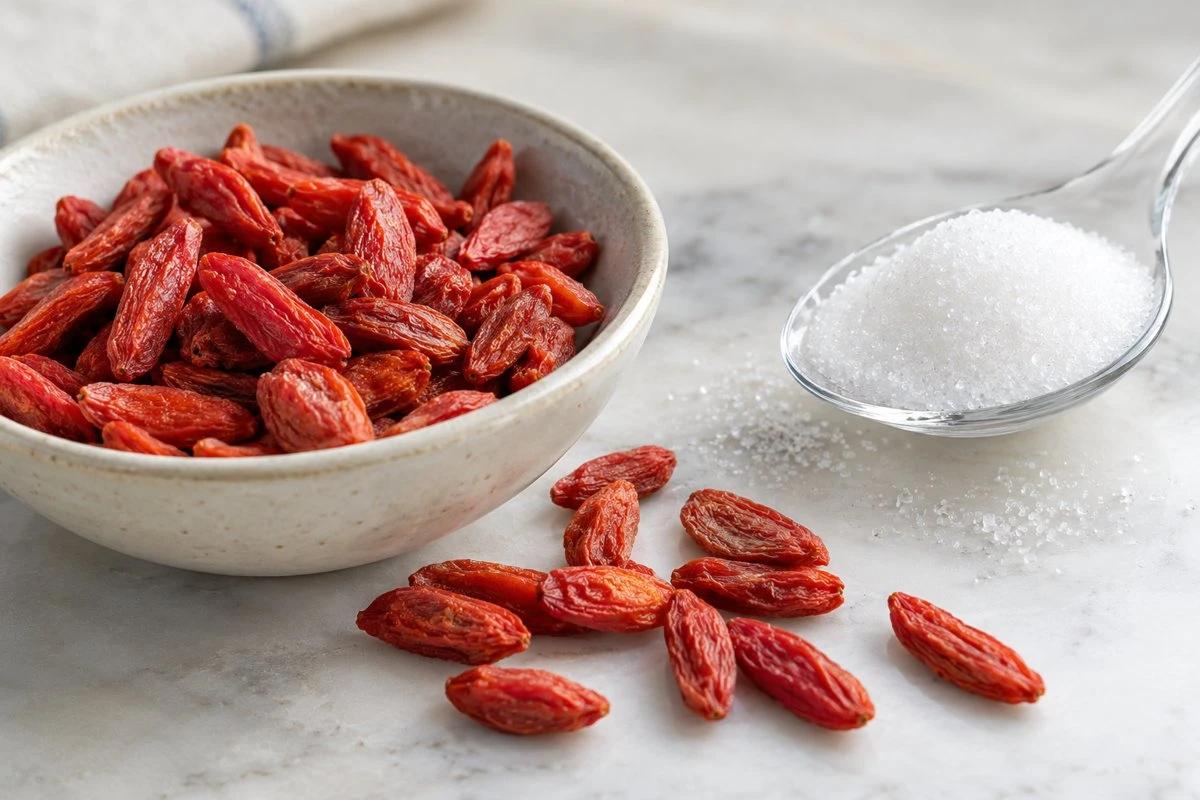Dried goji beside a separate spoon of sugar Dried goji beside a separate spoon of sugar