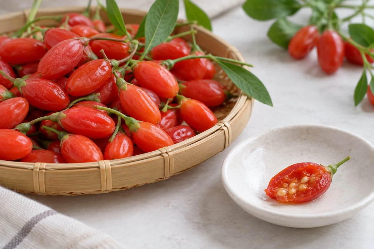 Sound fresh goji with a cut berry showing seeds Sound fresh goji with a cut berry showing seeds