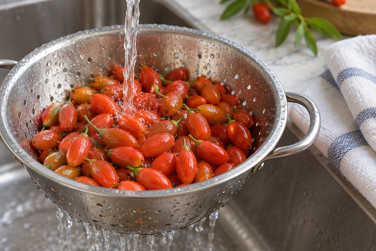 Fresh goji washing under running water in a colander Fresh goji washing under running water in a colander