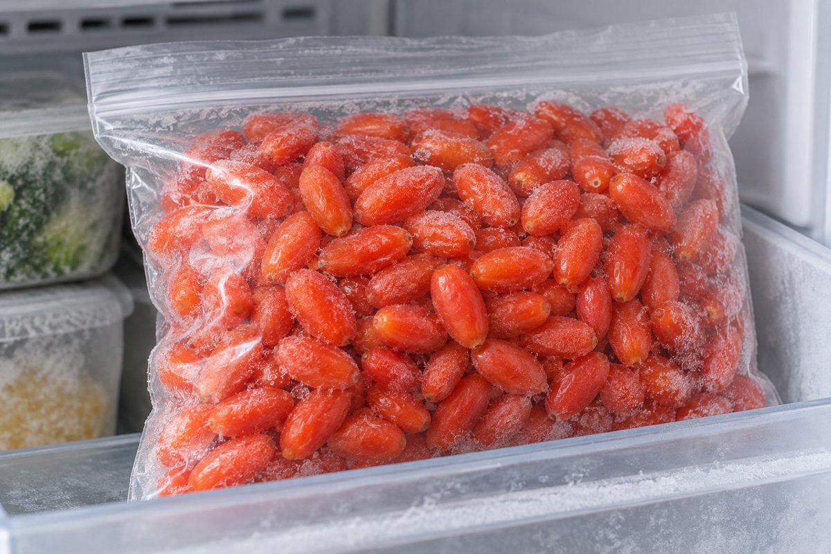 Sealed pouch of smooth frozen goji in a freezer Sealed pouch of smooth frozen goji in a freezer